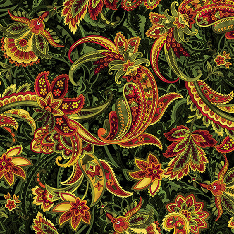 paisley florals in yellow, orange, red, and green on a dark green paisley background