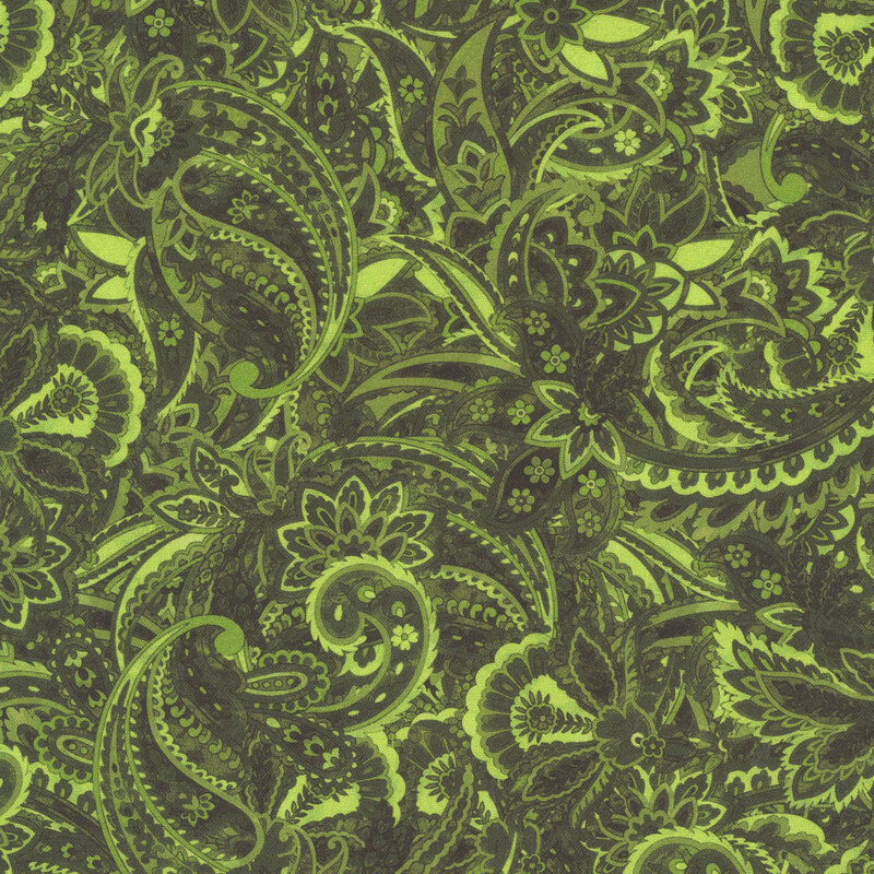 hunter green fabric featuring a floral paisley pattern.