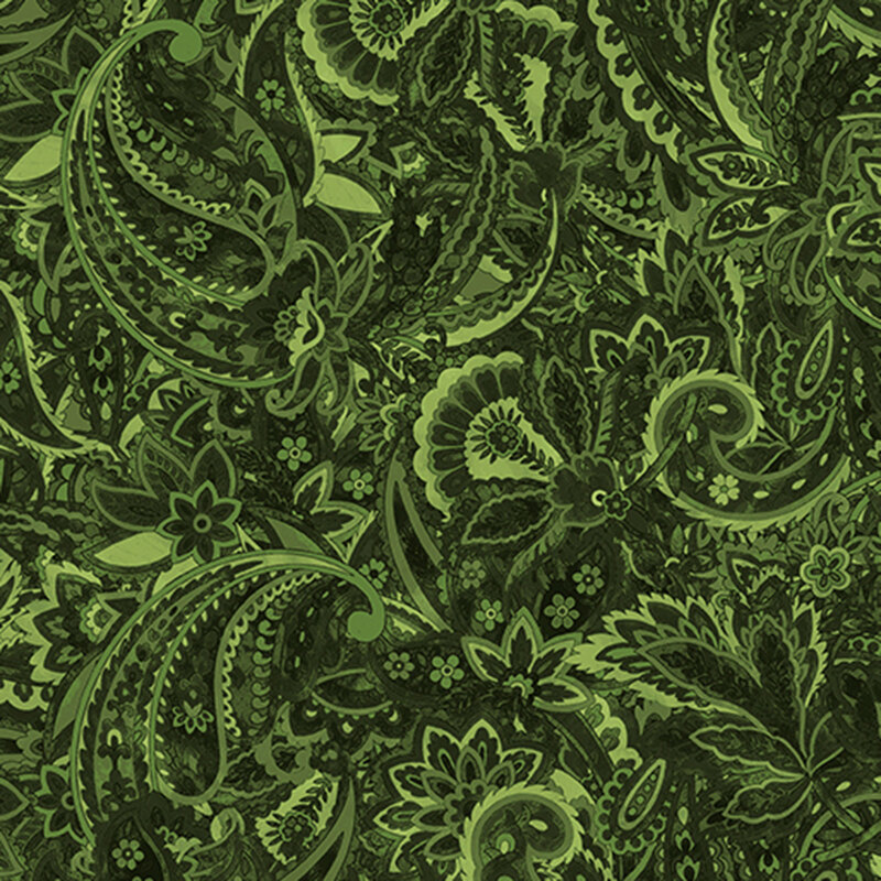 hunter green fabric featuring a floral paisley pattern.