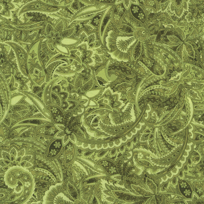 Sage fabric featuring a floral paisley pattern.
