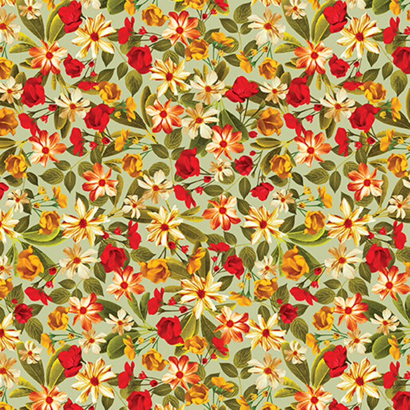 Orange and yellow african daisies, red and yellow roses, and green leaves on a sage green background.