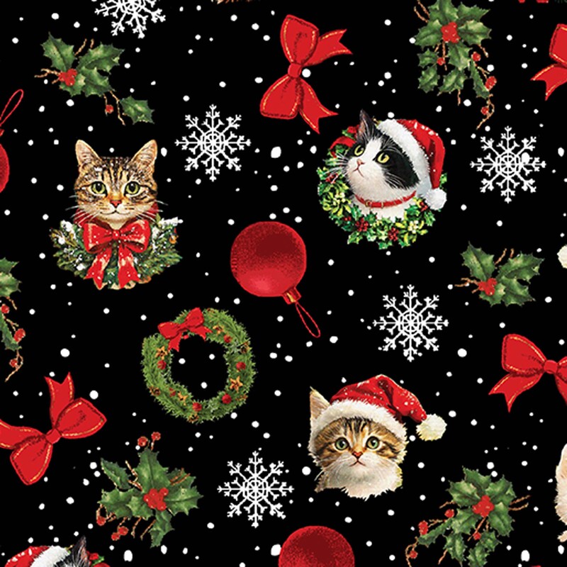 Black fabric with a tossed pattern of Christmas cats, red bows, snowflakes, ornaments, and holly