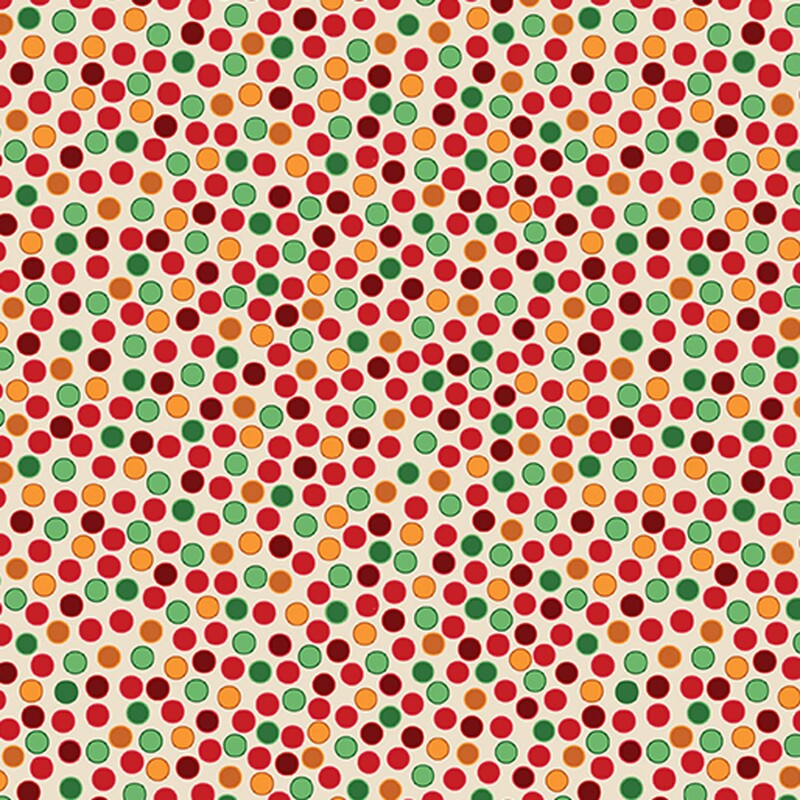 A cream fabric with packed cranberry red, scarlet, green, mint, yellow, and gold dots