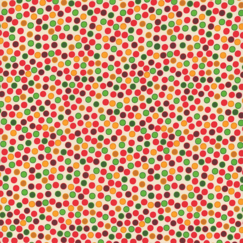 A cream fabric with packed cranberry red, scarlet, green, mint, yellow, and gold dots