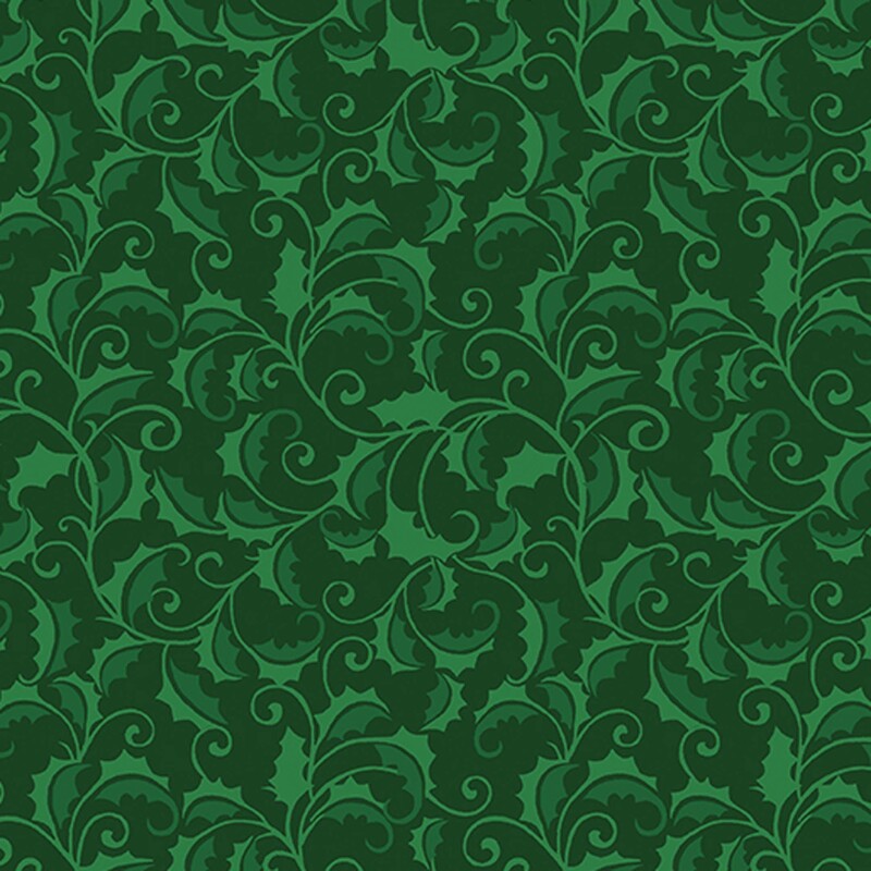 A dark green fabric with a swirly emerald green pattern of holly leaves and vines.