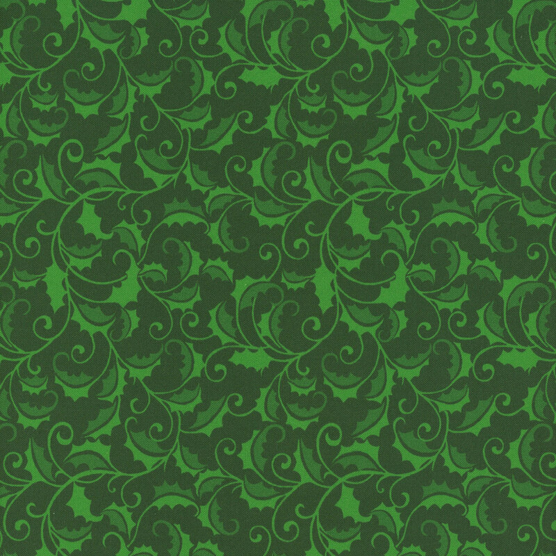 A dark green fabric with a swirly emerald green pattern of holly leaves and vines.