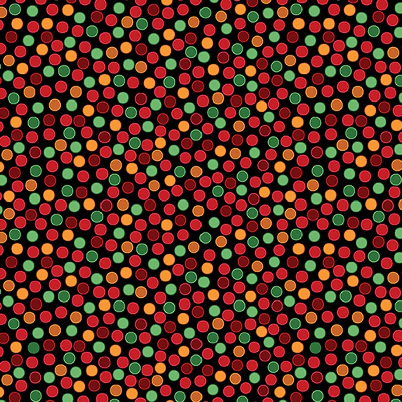 A black fabric with packed cranberry red, scarlet, green, mint, yellow, and gold dots