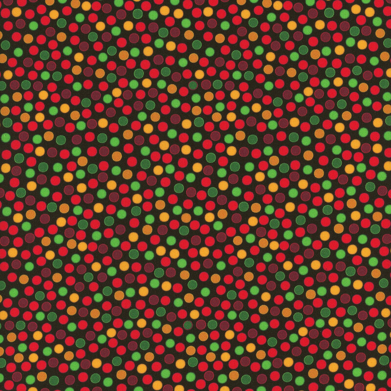 A black fabric with packed cranberry red, scarlet, green, mint, yellow, and gold dots