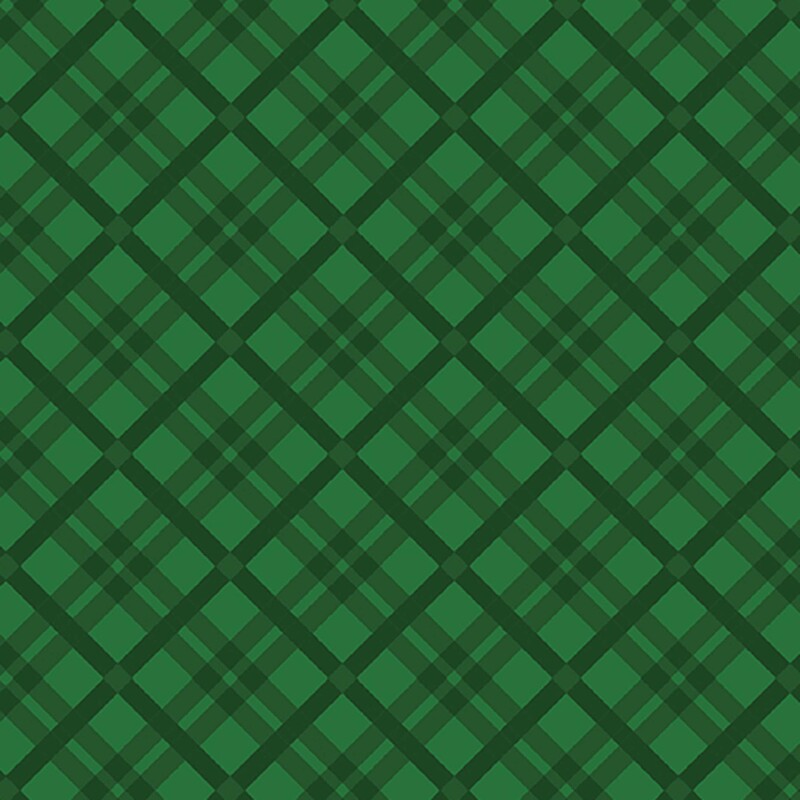 An emerald green fabric with a dark green tartan pattern