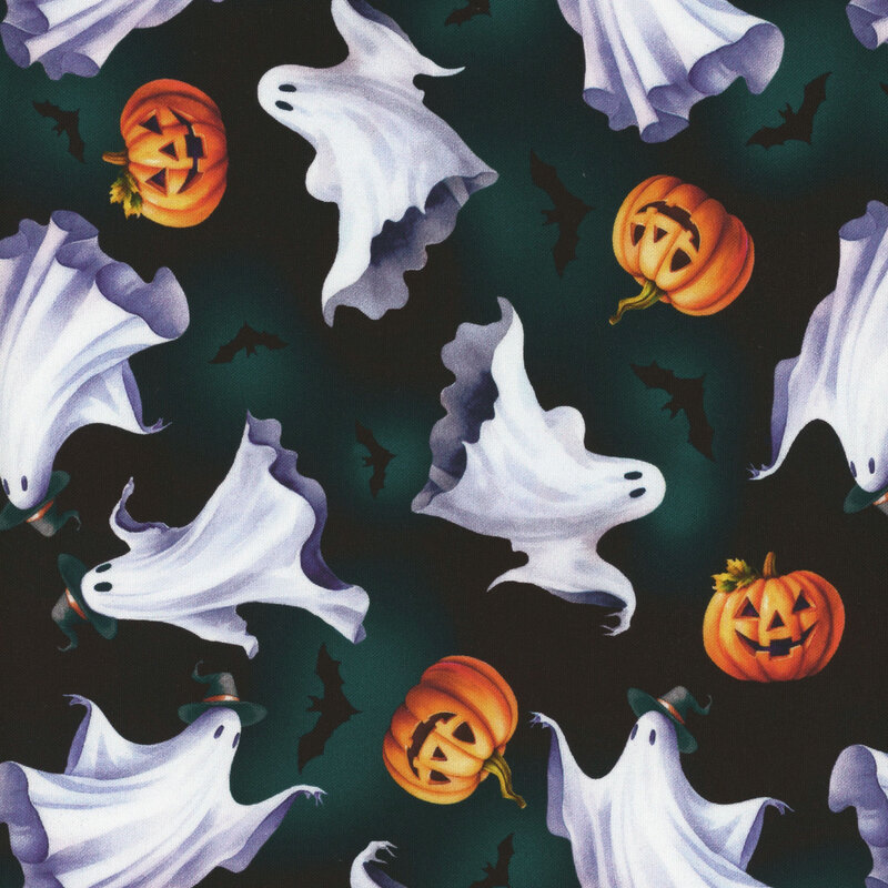 orange jack o' lanterns, white ghosts wearing wizard hats, and bats tossed on a mottled black background.