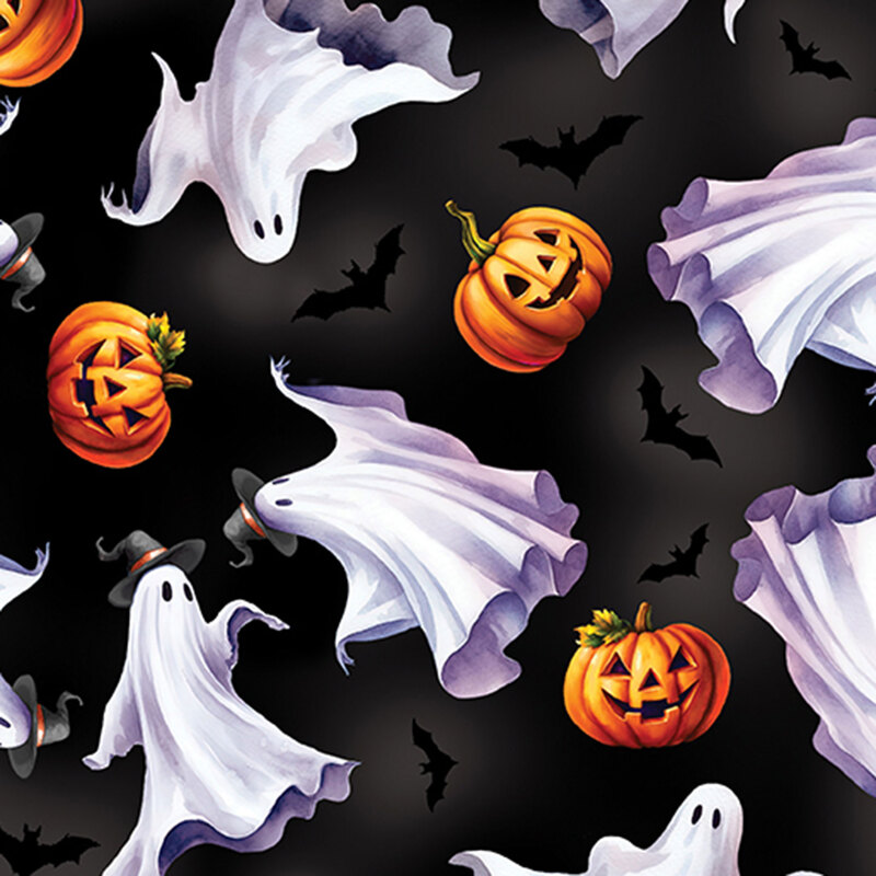 orange jack o' lanterns, white ghosts wearing wizard hats, and bats tossed on a mottled black background.