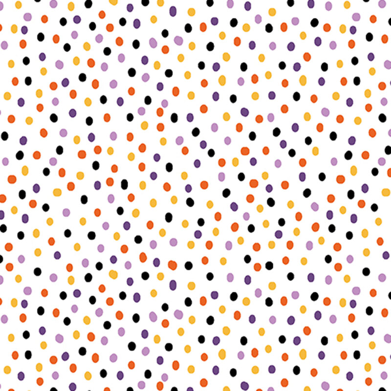 white fabric with multicolor polka dots.