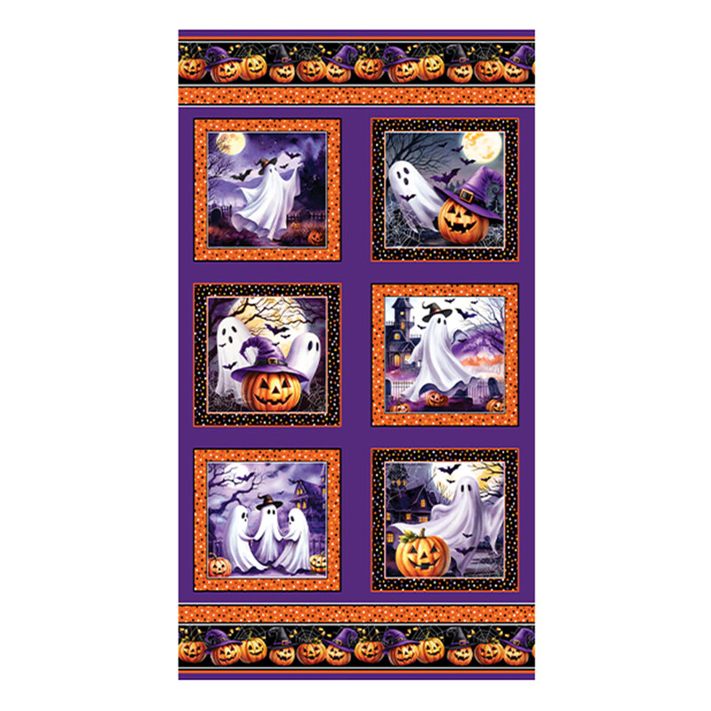 Album fabric panel featuring spooky scenes of haunted houses, ghosts, and jack o' lanterns in polka dot frames and purple background.