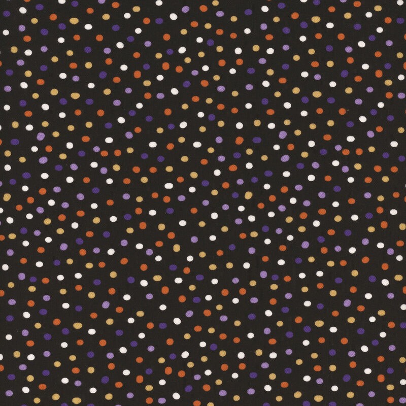 jet black fabric with multicolor polka dots.