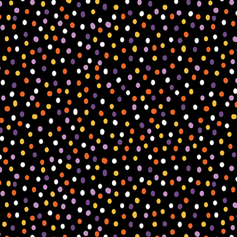 jet black fabric with multicolor polka dots.