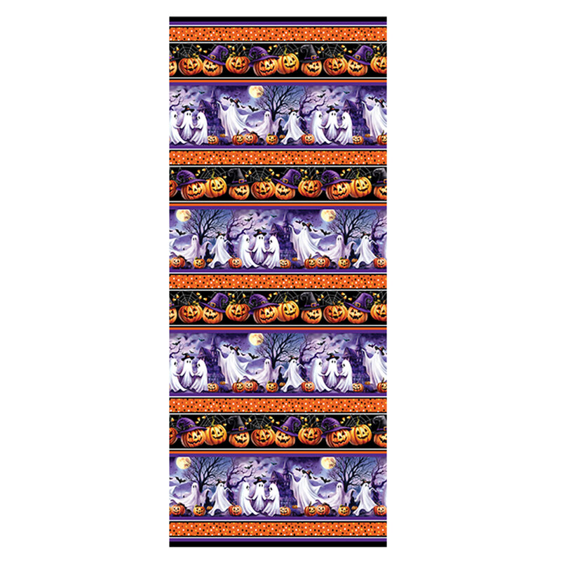 Border stripe fabric with alternating rows of orange with polka dots, carved pumpkins, and spooky haunted house ghost parties.