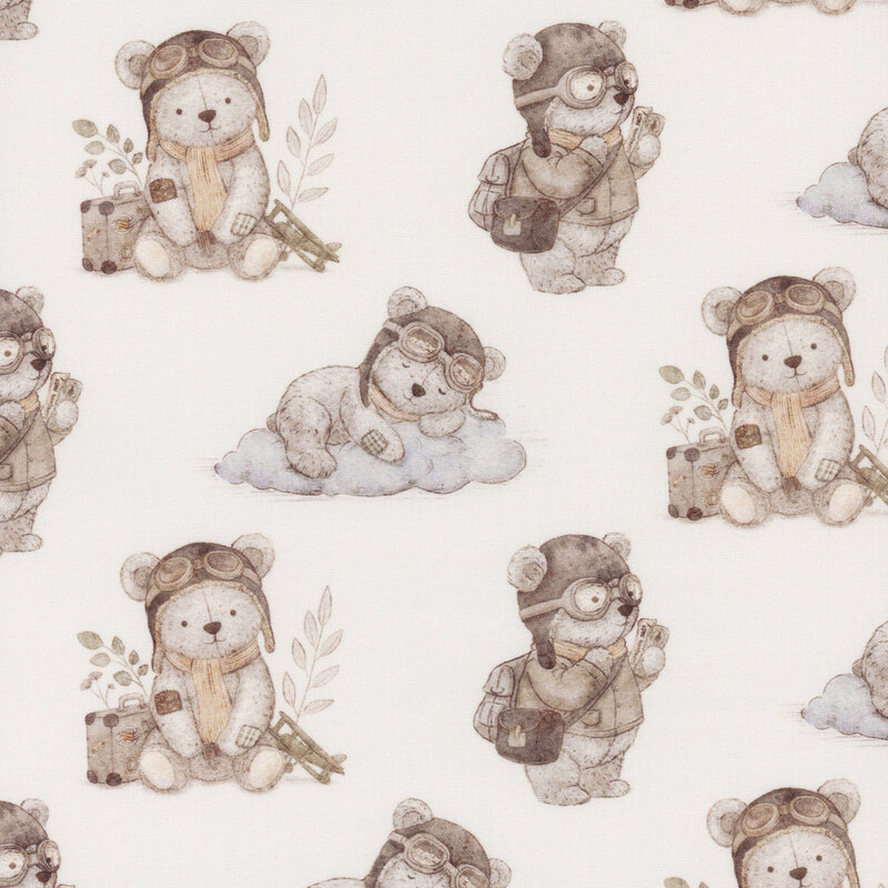 cream fabric featuring inspiring teddy bears wearing avionic jackets and goggles napping on clouds and preparing for travel in muted brown tones.