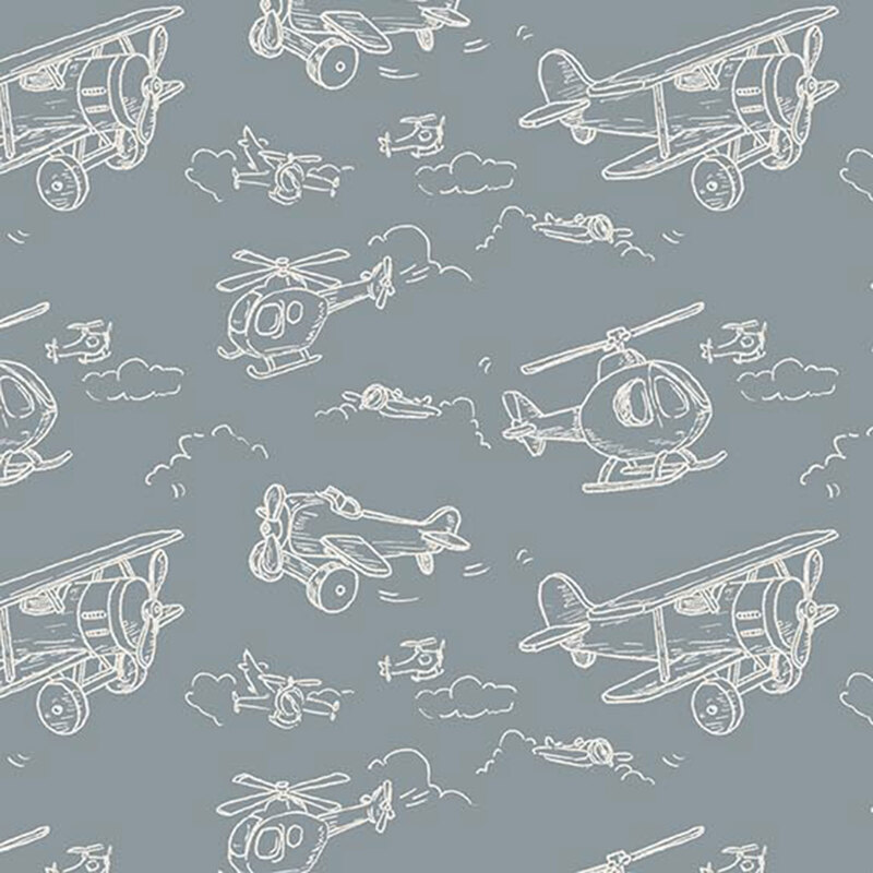airplanes and helicopters in cream outlines on blue gray fabric.
