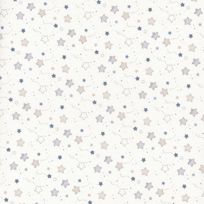 white fabric featuring stars in white, taupe, and blue hues.