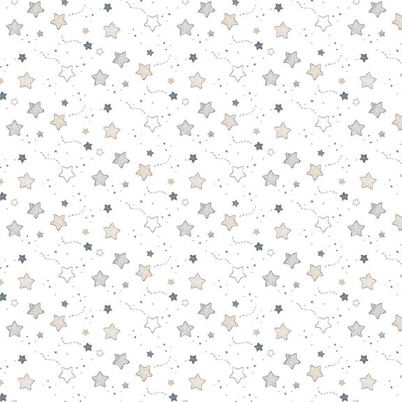 white fabric featuring stars in white, taupe, and blue hues.