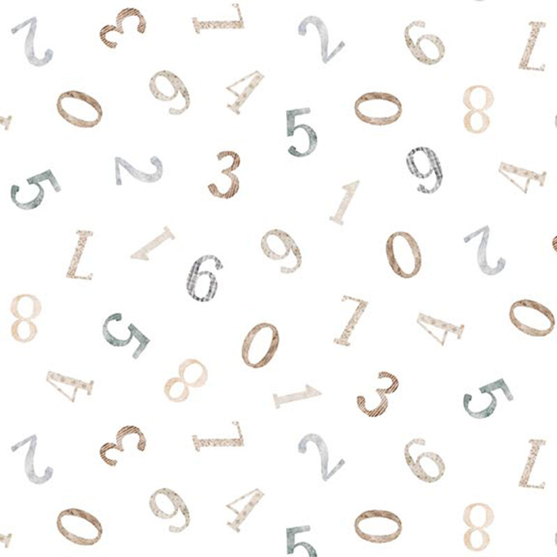 numbers in different muted shades of browns and blues tossed on white fabric