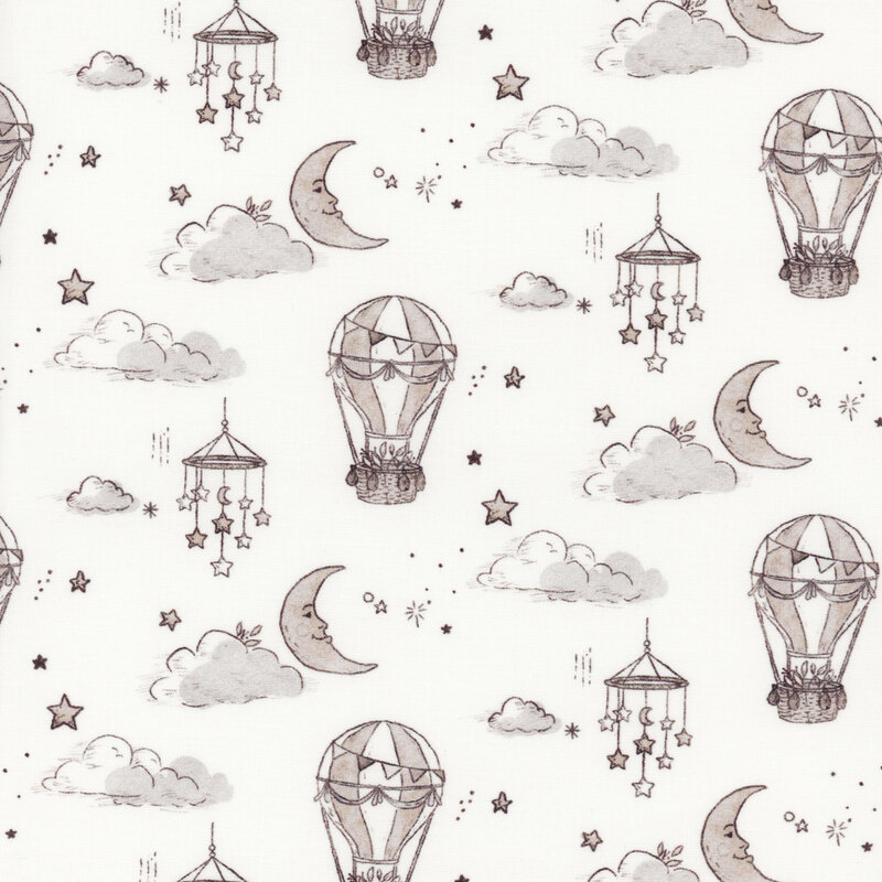 white fabric featuring hot air balloons and star mobiles in the sky with moons, stars, and clouds in muted brown tones.