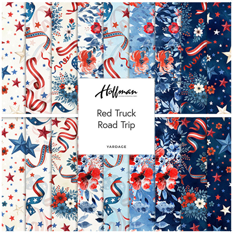 A collage of red and blue fabrics in the Red Truck Road Trip collection with a patriotic theme.
