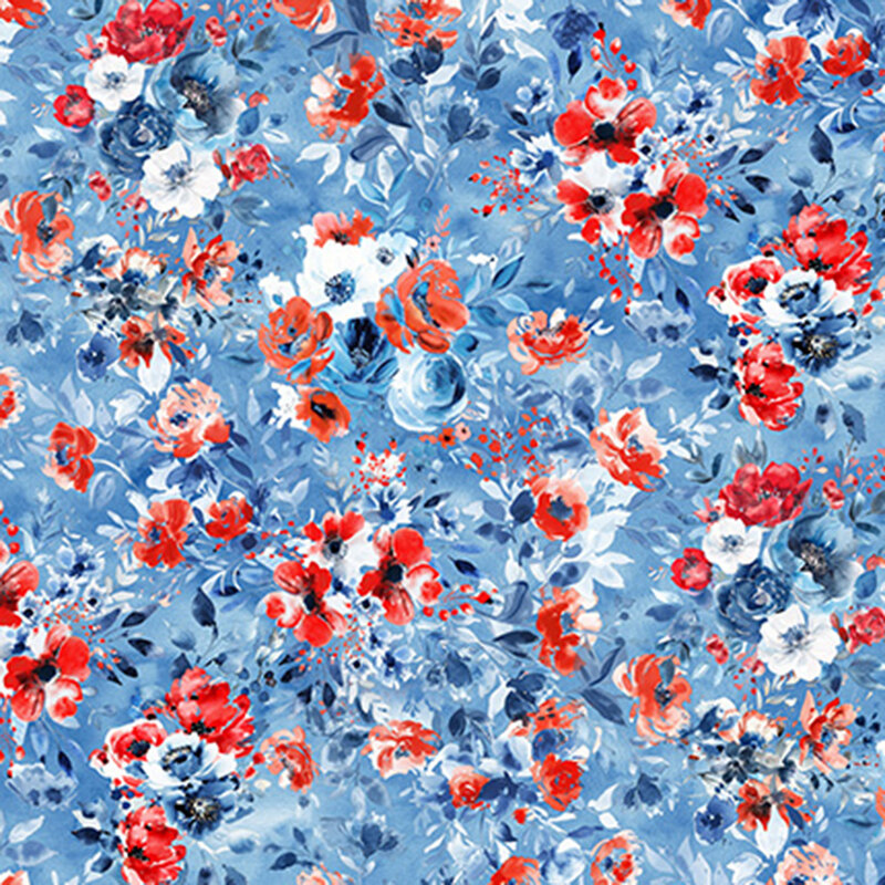 roses and flowers in red, white, and blue on mottled blue fabric.