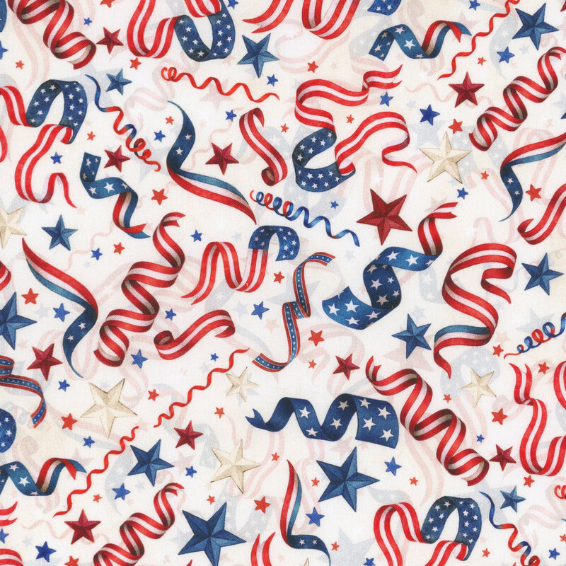 Stars, streamers, and ribbons in red, white, and blue on a white fabric with a reflective opaque background. 