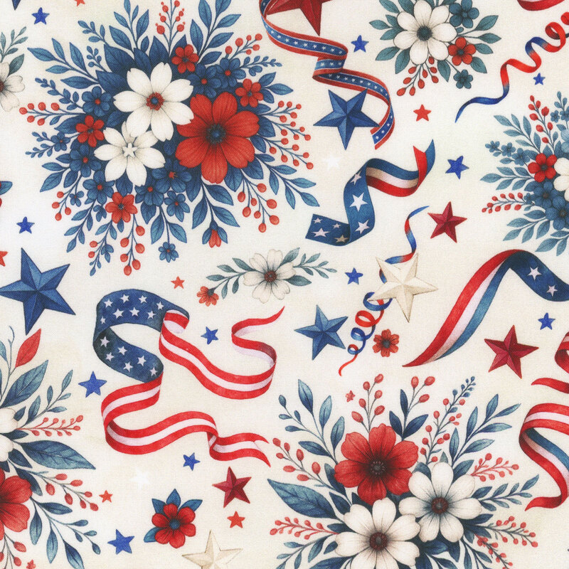 red, white, and blue floral bouquets with stars and stripes streamers on a mottled light cream background.