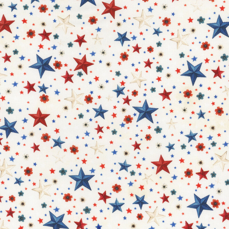 mottled light cream fabric featuring tossed stars and flowers in red, white, and blue