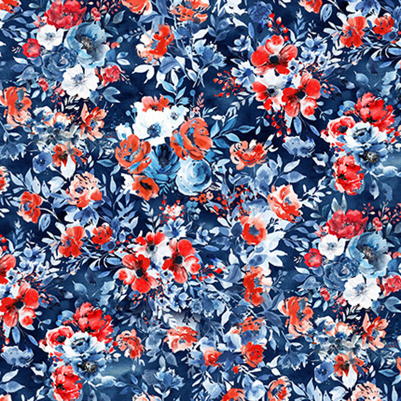 roses and flowers in red, white, and blue on mottled navy blue fabric.