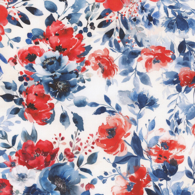 roses and flowers in red, white, and blue on white fabric.