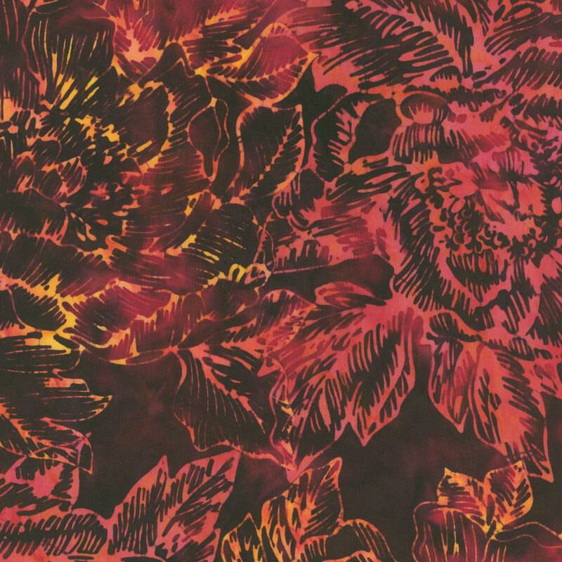 mottled and fiery dark red and orange rose outlines on a mottled black and red background