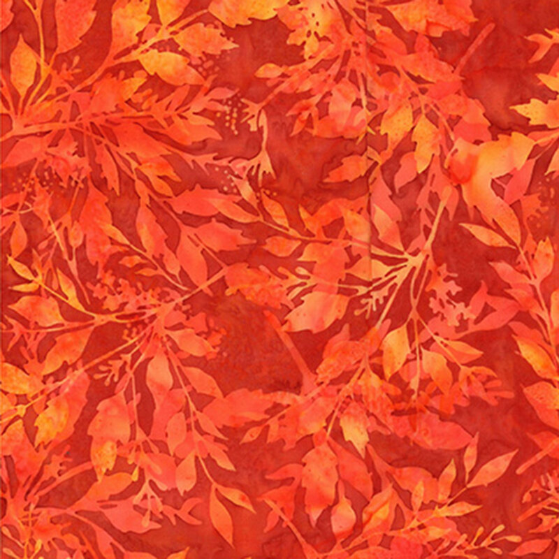 leafy branch silhouettes in bright orange and red on a watercolor red orange background.