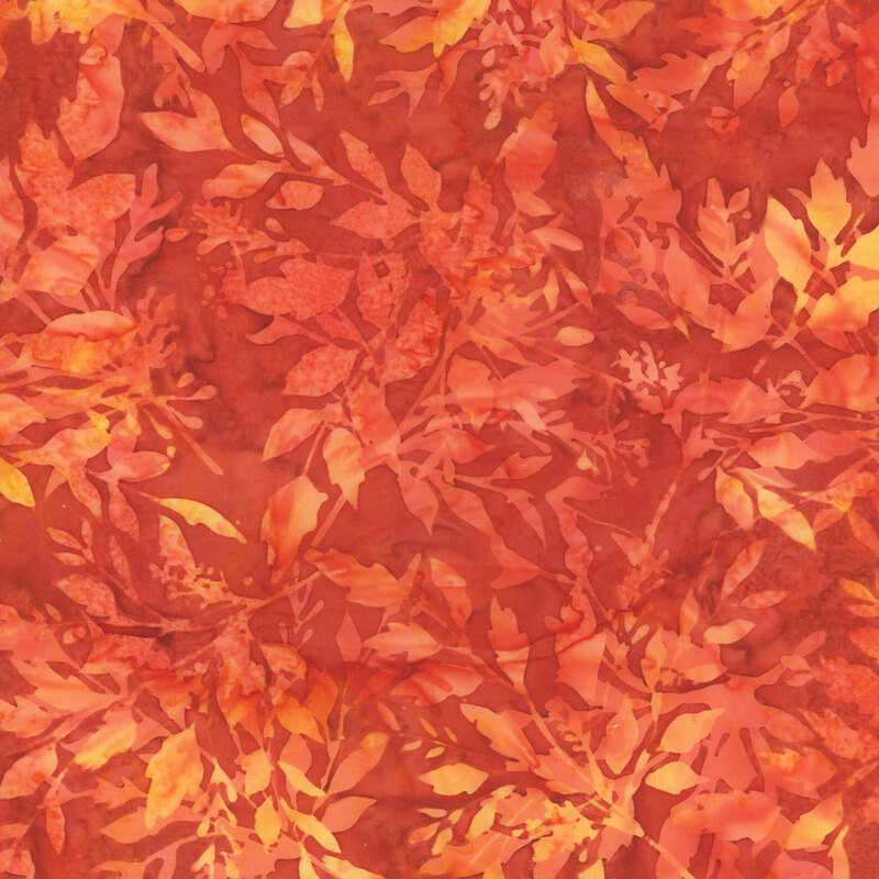 leafy branch silhouettes in bright orange and red on a watercolor red orange background.