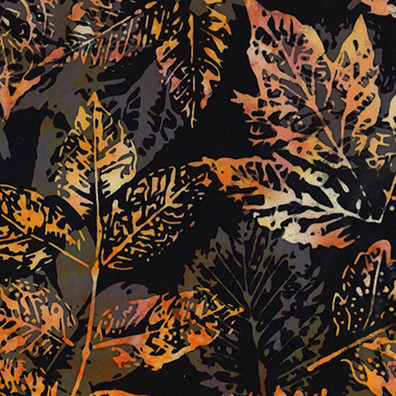 leaves of mottled orange and faded yellow stamped on black fabric