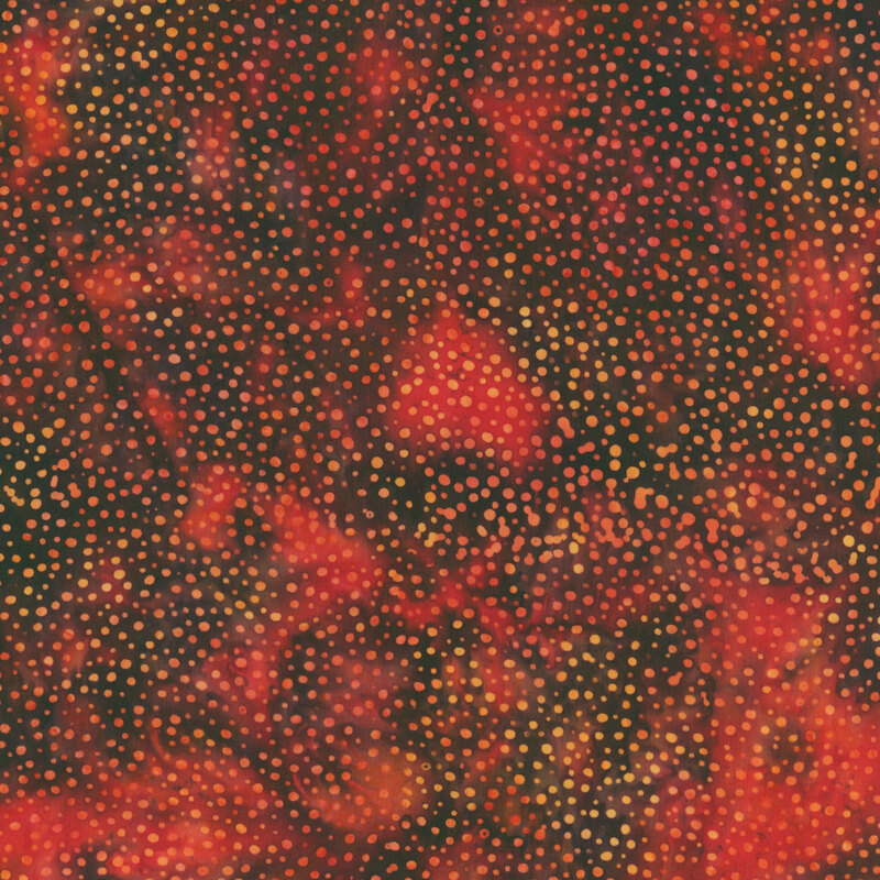 dots of amber and orange tossed on a mottled background of dark red and brown