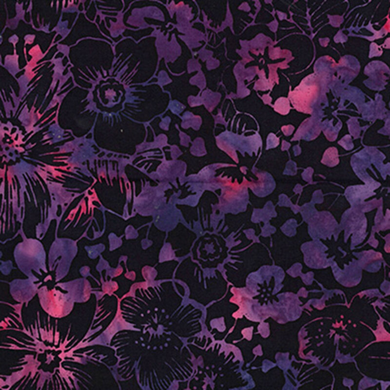 Purple and pink watercolor fabric with a black floral overlay 