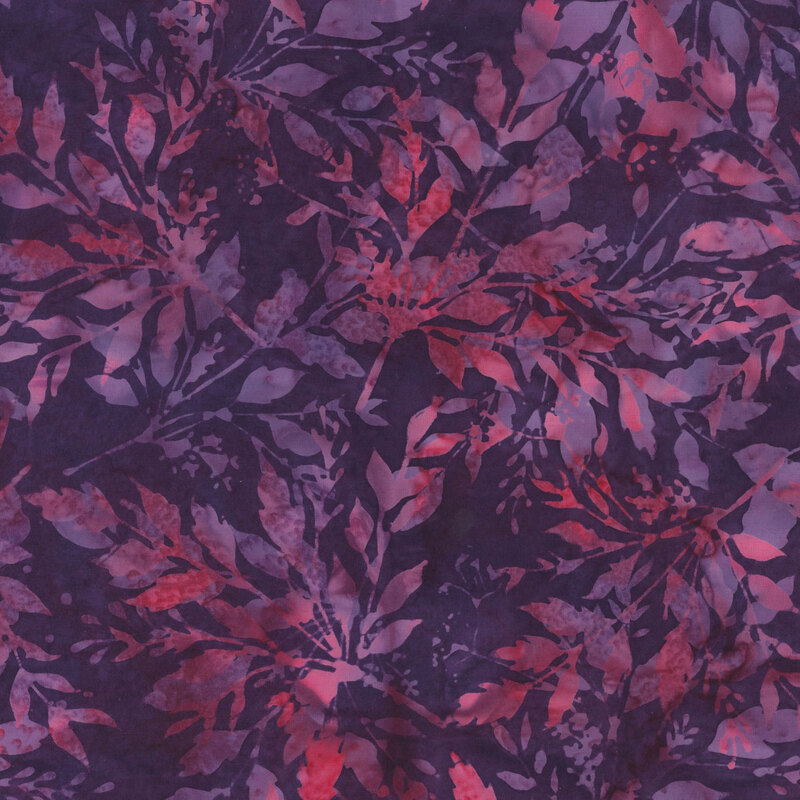 amethyst purple watercolor fabric with an overlay of pink and light purple leaves