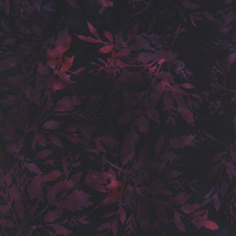 Deep fuchsia watercolor fabric with an overlay of tonal wine colored leaves