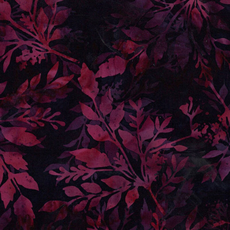 Deep fuchsia watercolor fabric with an overlay of tonal wine colored leaves