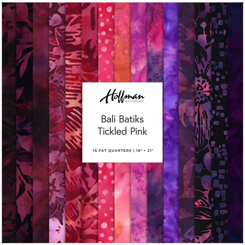 Collage of fabrics from the Tickled Pink collection of patterned batiks in colors including magenta, hot pink, violet, and dark purple