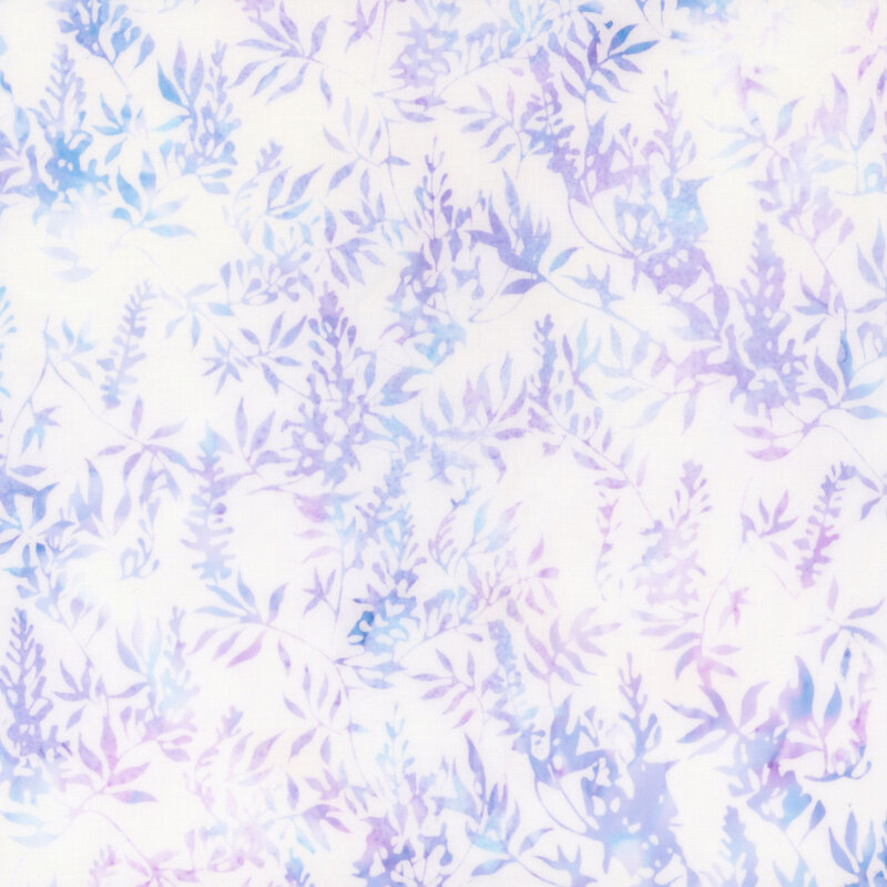 A mottled white fabric with blue and purple leaves. 