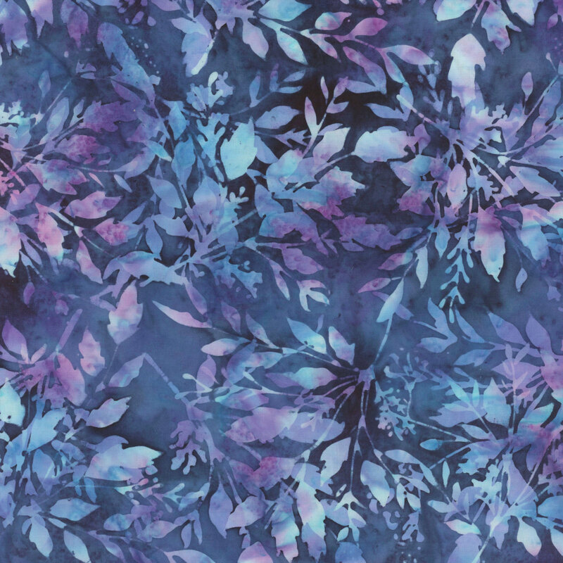 A mottled blue fabric with a lighter blue floral pattern. 