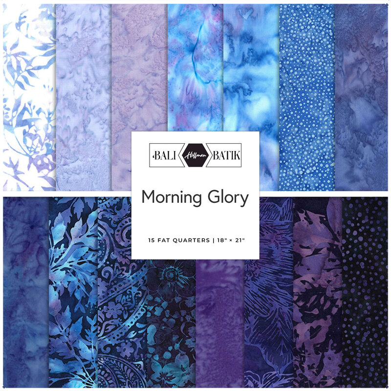 A fabric collage of blue and purple baltiks from the collection Bali Batiks - Morning Glory by Hoffman fabrics.