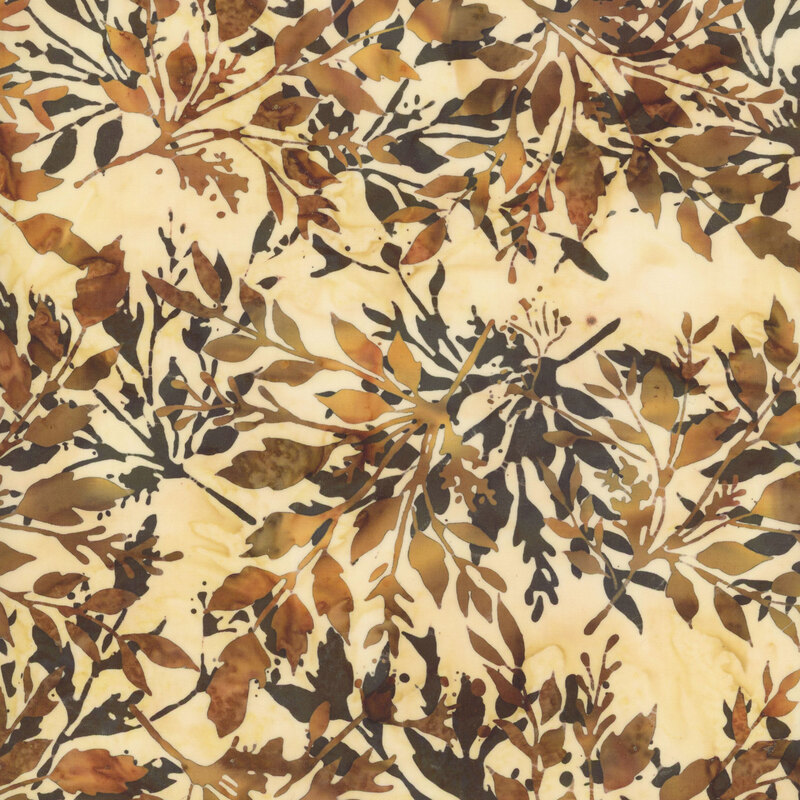 mottled gold and green leaves with a dark brown shadow effect on mottled cream fabric
