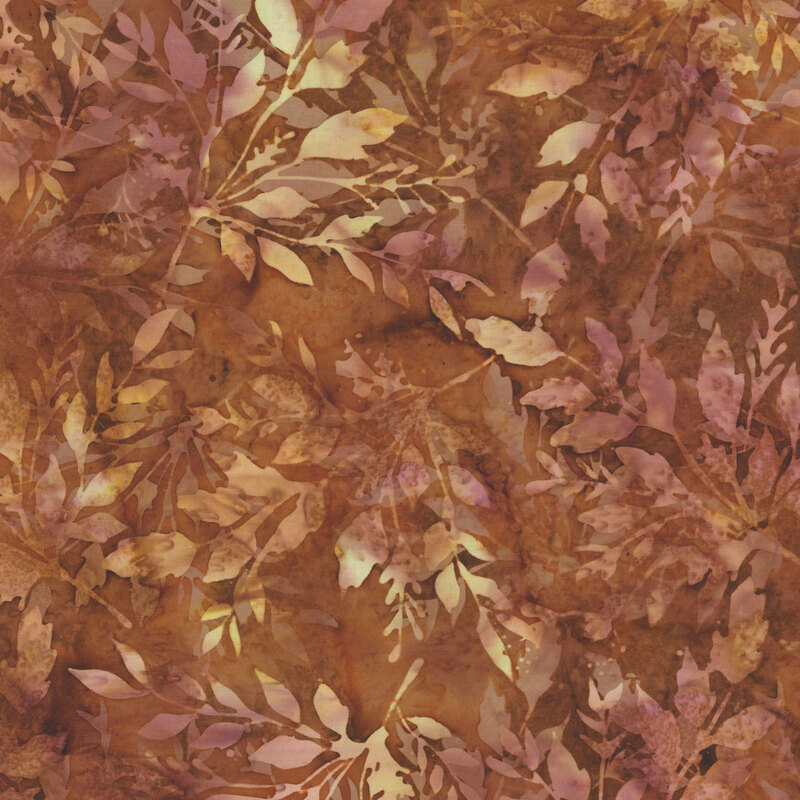 cream and tan branches and leaves on a mottled brown background.