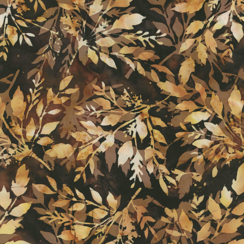 cream and tan branches and leaves with a brown shadow effect on mottle dark brown fabric