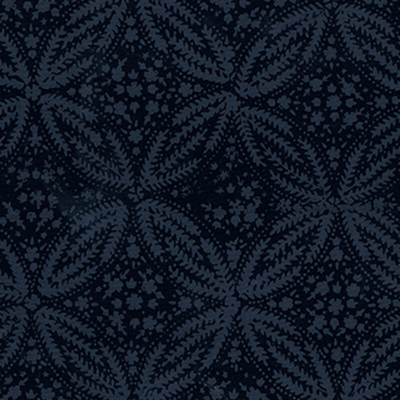 black batik fabric featuring a very dark blue damask floral pattern